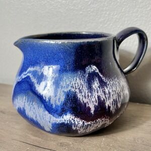Vtg Signed Studio Pottery Medium Pitcher Blue Drip Glaze Handmade Stoneware READ